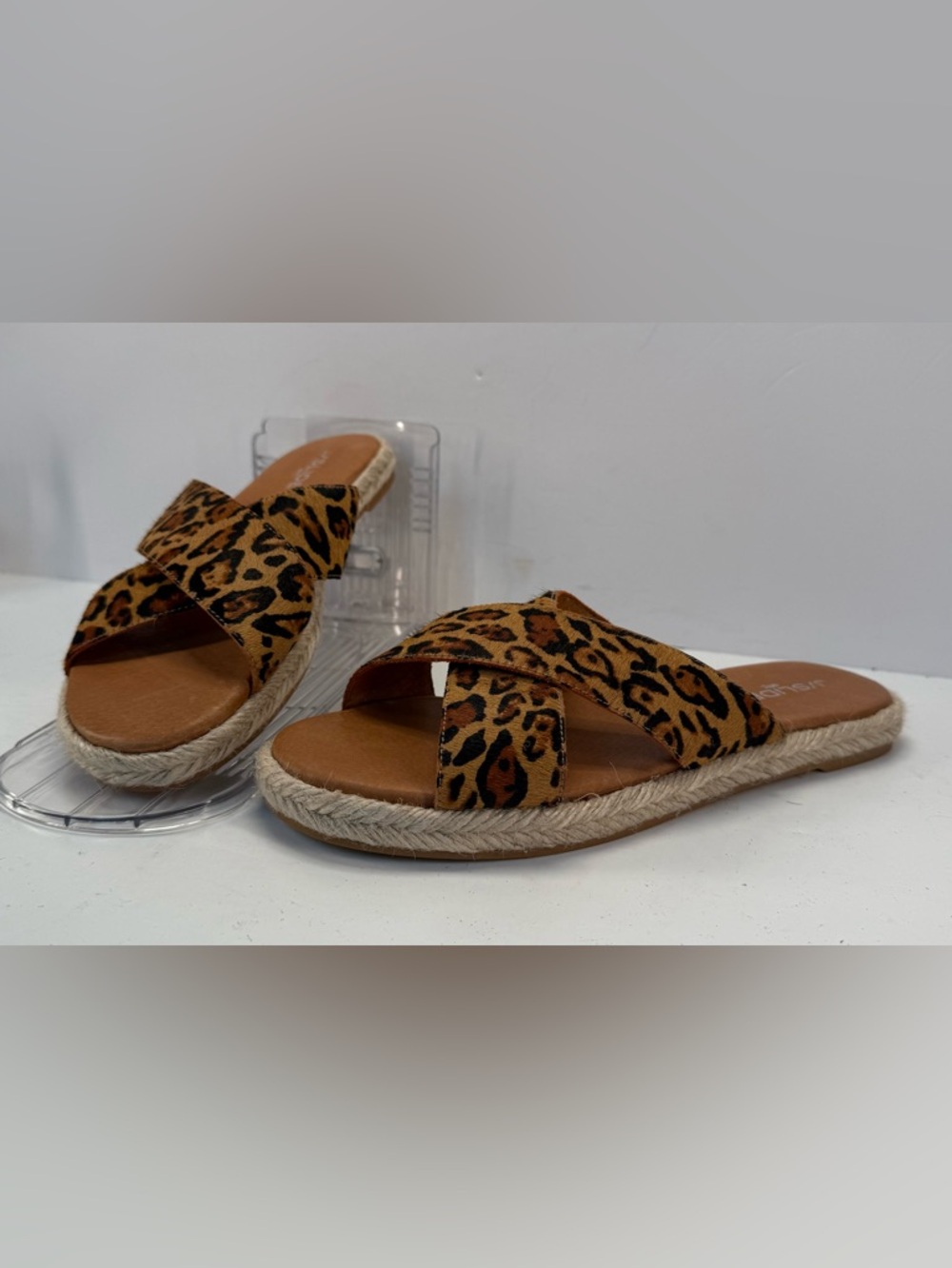 J Slides Leather Leopard Print Crisscross Slide Sandals in Brown women’s 8